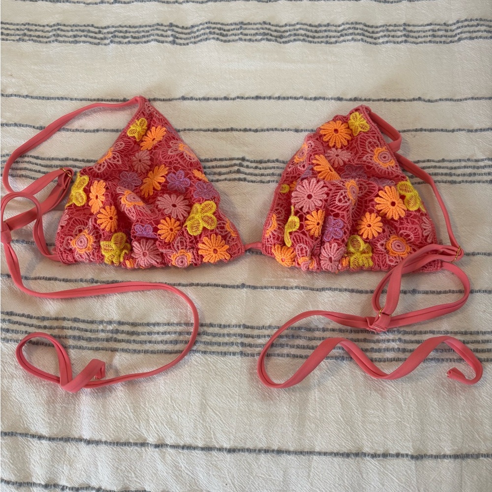 No Boundaries Coral Crochet Floral Triangle Bikini Top